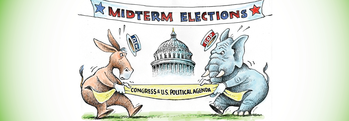 Illustration of a Donkey and Elephant playing tug of war. Text reads: Midterm Elections