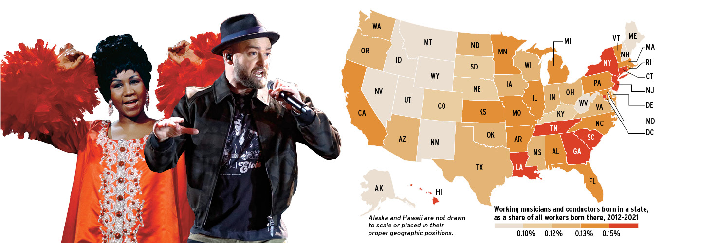 Image of a young Aretha Franklin and image of Justin Timberlake against backdrop of U.S. map