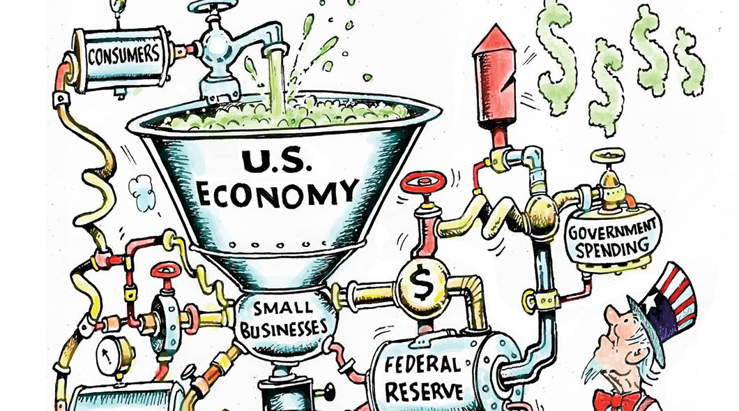 Comic showing consumers contributing to U.S. economy and airing the horn for government spending