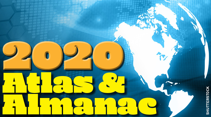 Graphic of the planet Earth with text that says "2020 Atlas and Almanac"