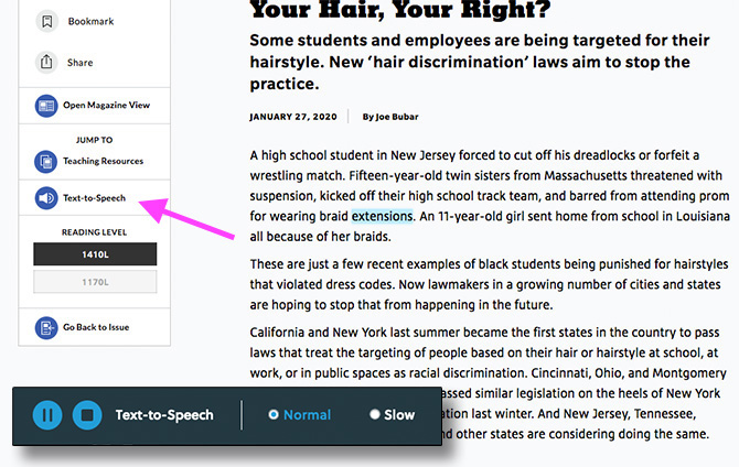 screenshot of an Upfront article page with text-to-speech being used